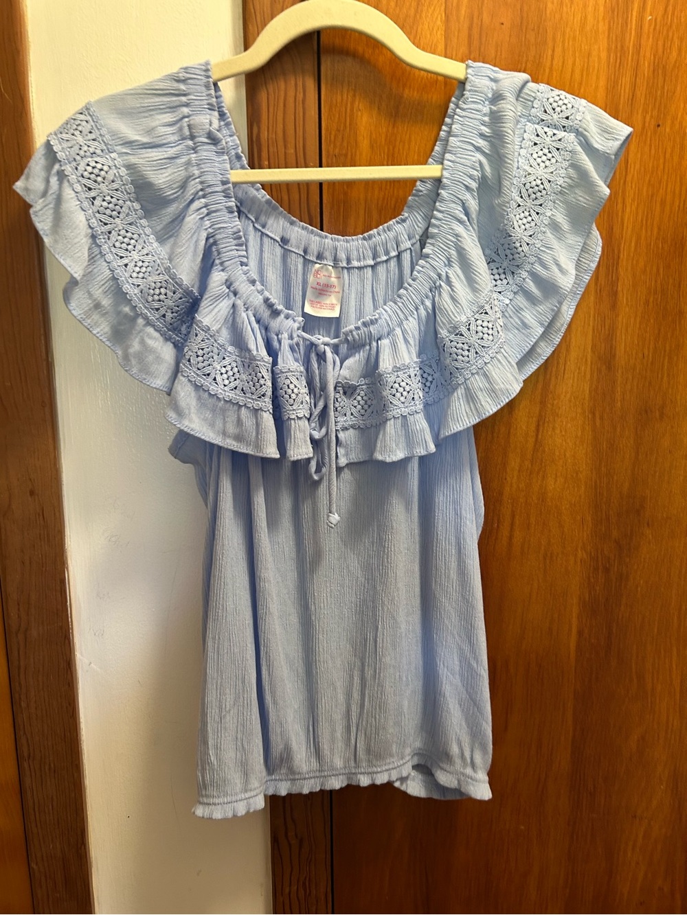 No Boundaries Light Blue Ruffle Crochet-Trim Peasant Blouse